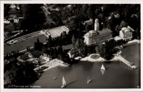 Ak Bad Schachen Lindau am Bodensee Schwaben, Luftaufnahme von Bad Schachen, Bodensee, Segelboote,