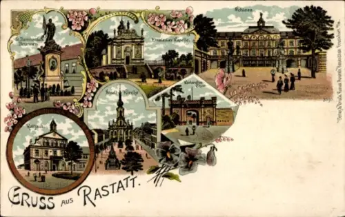 Litho Rastatt im Schwarzwald Baden, Schloss, Rathaus, Kirche