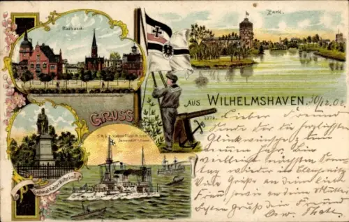 Litho Wilhelmshaven an der Nordsee, Rathaus, Park, Kriegsschiff