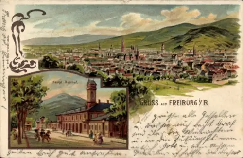 Litho Freiburg im Breisgau, Gesamtansicht, Hauptbahnhof