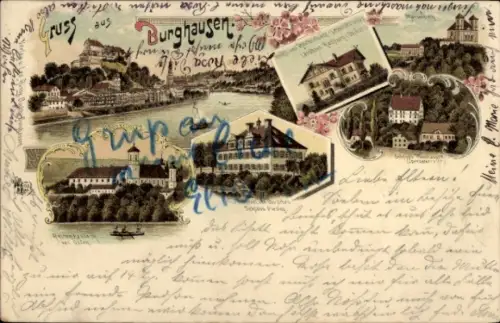 Litho Burghausen an der Salzach Oberbayern, Gesamtansicht, Schloss, Raitenhaslach