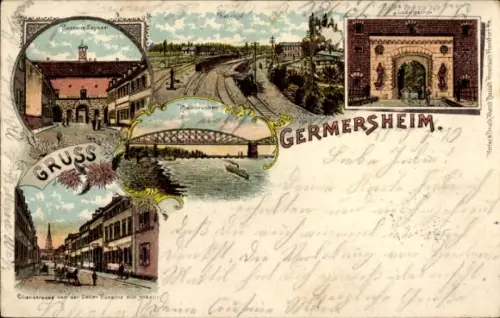 Litho Germersheim am Rhein, Rheinbrücke, Bahnhof