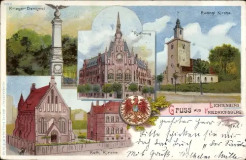 Litho Berlin Lichtenberg Friedrichsberg, Evangelische Kirche, Rathaus, Kriegerdenkmal