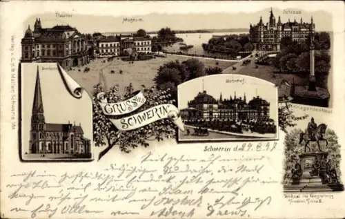 Litho Schwerin in Mecklenburg, Schloss, Bahnhof, Museum
