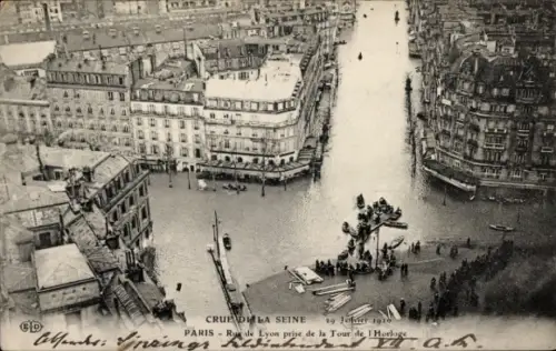 CPA Paris XII., Crue de la Seine, Rue de Lyon, Tour de l'Horloge