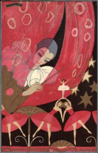 Künstler Ak Tanzende Frauen, Harlekin, Bühne