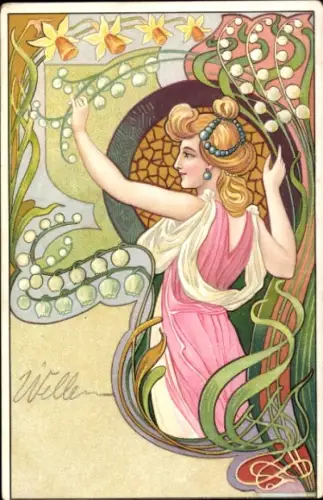Jugendstil Ak Porträt einer jungen Dame, Blumen, Maiglöckchen