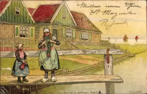 Künstler Ak Melchers, Marken Nordholland, Mädchen in niederländischen Volkstrachten