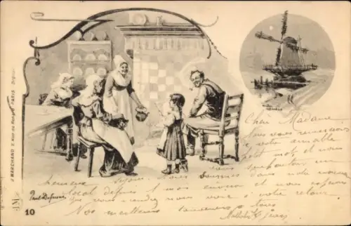 Künstler Ak Dufresne, Paul, Familie in Tracht, Windmühle