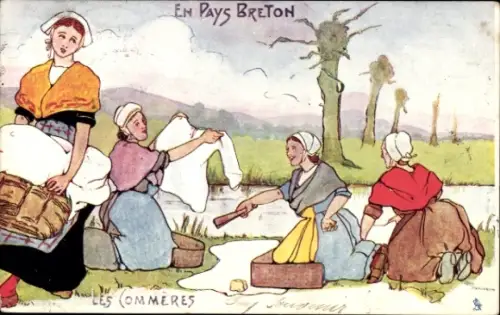Künstler Ak En Pays Breton, Frauen waschen Wäsche, Bretonische Tracht