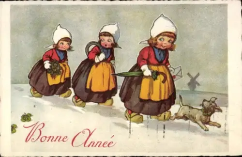 Ak Glückwunsch Neujahr, Hund mit Kleeblatt im Maul, Mädchen, Hufeisen,Holzschuhe