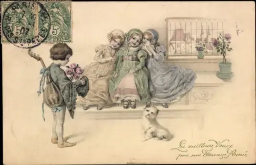 Künstler Ak Glückwunsch Neujahr, Kinder, Hund