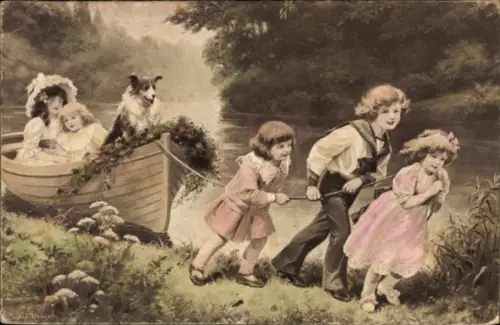 Ak Kinder beim Spielen, Ruderboot