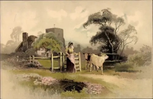 Künstler Ak Glückwunsch Neujahr, Burg, Frau, Kühe
