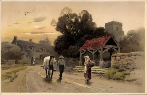 Litho Mann mit Pferd, Frau mit Korb, MB 1489, Feierabend