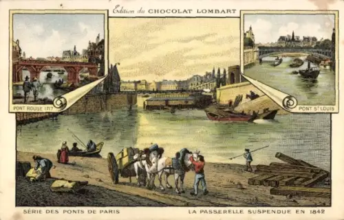 Litho Paris, La Passerelle Suspendu en 1842, Pont St. Louis, Pont Rouge, Chocolat Lombart, Reklame