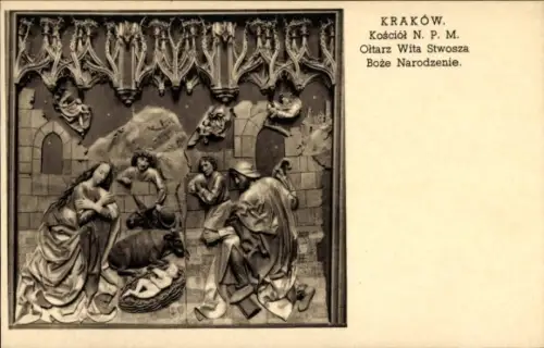Ak Kraków Krakau Polen, Relief von der Geburt Christi, Maria, Josef, Engel, Krippe