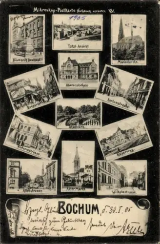 Ak Bochum im Ruhrgebiet, Bismarck-Denkmal, Marienkirche, Oberrealschule, Kortumstraße, Markt