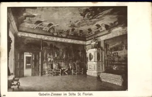 Ak St. Florian Oberösterreich, Gobelin-Zimmer,  Wandmalereien, Stühle, Ofen