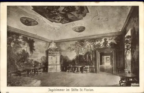 Ak St. Florian Oberösterreich, Jagdzimmer, Stifte  Wandmalereien, Möbel,  Einrichtung