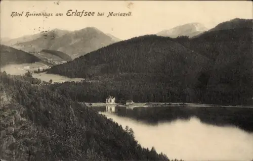 Ak Mariazell Steiermark, Hôtel Herrenhous, Erlafsee,  Berge, Wald, See