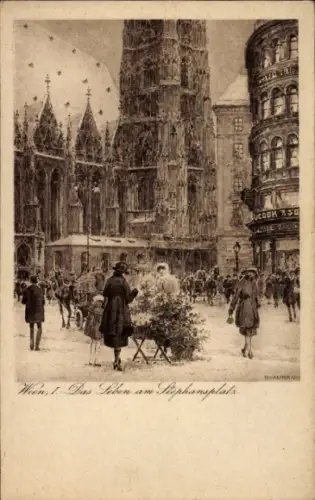Ak Wien 1 Innere Stadt,  Stephansplatz, Menschenmenge, Verkaufsstand,  Gebäude