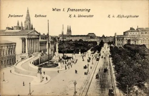 Ak Wien 1 Innere Stadt, Parlament, Rathaus, Wien 1. Franzensring, X. k. Universität, X. k. Hofbur