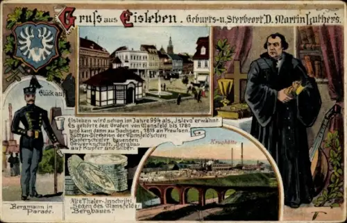 Wappen Litho Lutherstadt Eisleben in Sachsen Anhalt, Luther, Bergmann in Parade, Thaler, Krughütte