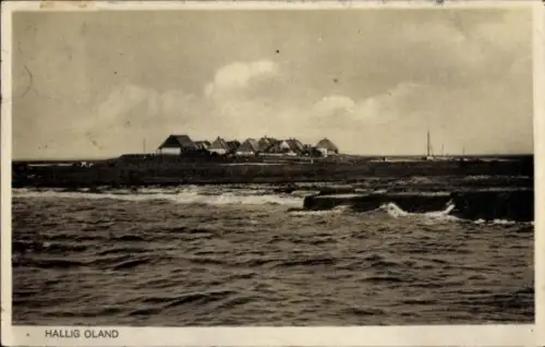 Ak Hallig Oland Nordfriesland, HALLIG OLAND, Küstenlandschaft, Wasser, Häuser, Wolken
