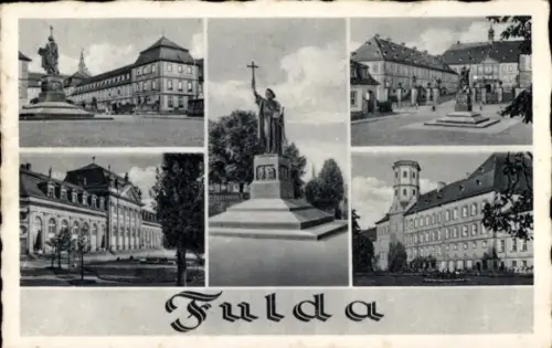 Ak Fulda in Hessen, Sechs Ansichten von  Statue, Gebäude, Straßenansicht