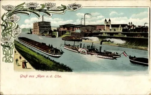 Litho Aken an der Elbe Sachsen Anhalt, Frachtkahn, Salondampfer