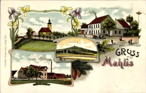 Litho Mahlis Wermsdorf in Sachsen, Strieglers Restaurant, Ziegelei, Kirche, Collmberg