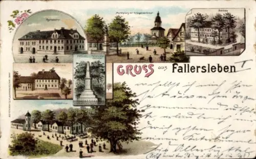Litho Fallersleben Wolfsburg, Ratskeller, Marktplatz, Kriegerdenkmal, Schloss, Schützenhaus
