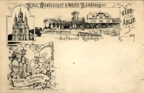 Ak Wiesbaden in Hessen, Neroberg, Kirche, Hotel, Restaurant, Wein-Geschäft