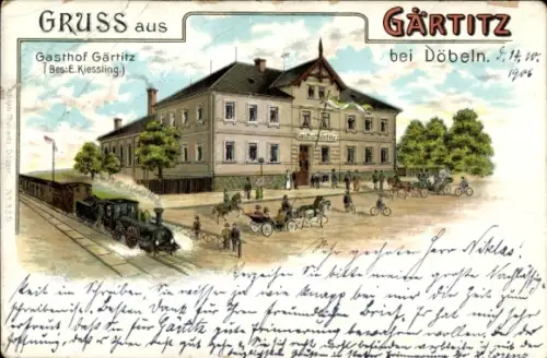 Litho Gärtitz Döbeln in Sachsen, Gasthof Gärtitz, Bes. E. Kiessling, Eisenbahn