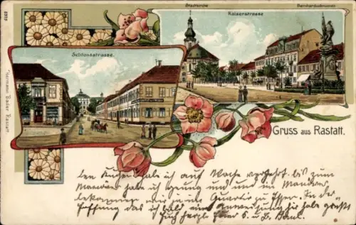 Litho Rastatt im Schwarzwald Baden, Schlossstraße, Kaiserstraße, Stadtkirche, Bernhardusbrunnen