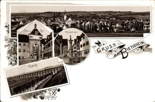 Litho Bietigheim in Württemberg, Gesamtansicht, Unteres Tor, Viadukt, Fräuleinbrunnen