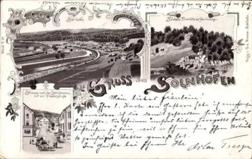 Litho Solnhofen in Bayern, Gesamtansicht, Straße mit Friedenslinde, Steinbrüche