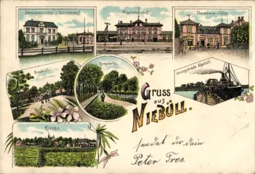 Litho Niebüll in Nordfriesland, Staatsbahnhof Gleisseite, Landungsbrücke Dagebüll, Thamsons Hotel
