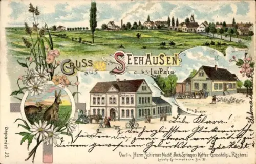 Litho Seehausen Leipzig in Sachsen, Gasthof zu Seehausen, Gute Quelle, Panorama, Hasen