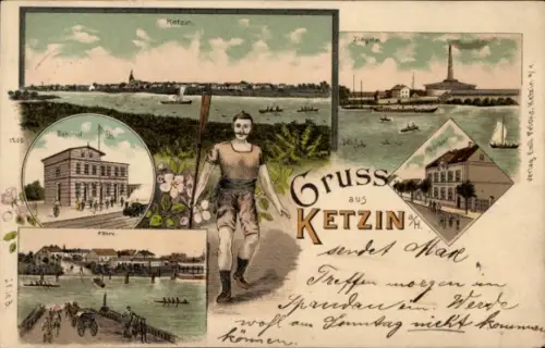 Litho Ketzin an der Havel, Gesamtansicht, Ziegelei, Bahnhof, Fähre