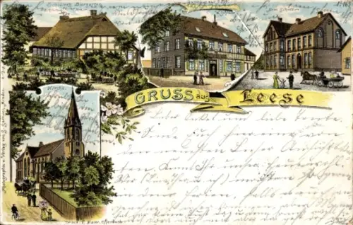Litho Leese, Schlüters Biergarten, Neue Schule, Kirche, Gasthaus Zur Post
