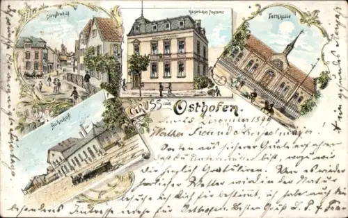 Litho Osthofen am Rhein, Turnhalle, Postamt, Bahnhof, Gleisseite