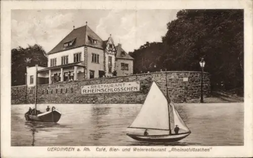 Ak Uerdingen Krefeld am Niederrhein, Restaurant Rheinschlösschen,  Boote auf dem Wasser