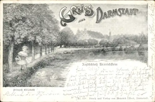 Ak Kranichstein Darmstadt in Hessen, Gruss aus  Jagdschloß Kranichstein, Mädchen mit Schwänen