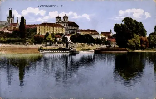 Ak Litoměřice Leitmeritz Region Aussig, Leitmeritz a E., Flusslandschaft, Schiff, Stadtansicht