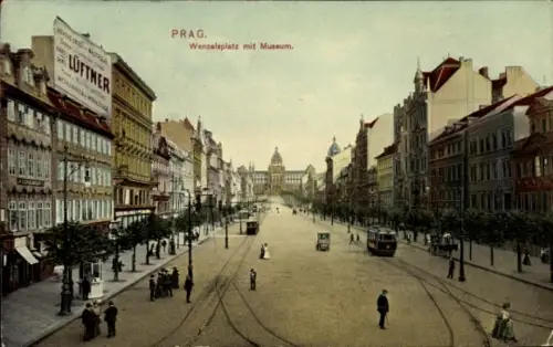Ak Praha Prag Tschechien, Wenzelsplatz mit Museum, Straßenbahn,  Gebäude, Werbung