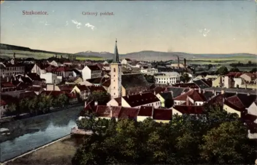 Ak Strakonice Strakonitz Südböhmen, Stadtansicht von  Kirche, Häuser, Fluss
