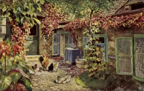 Ak Wien 3 Landstraße, Hof in Erdberg, Hühner, Pflanzen, Steine, Fenster, Tisch