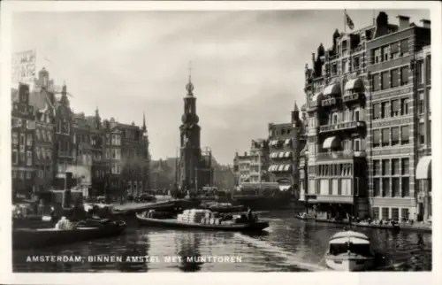 Ak Amsterdam Nordholland Niederlande,  Binnen Amstel, Muntoren, Kanal, Boote